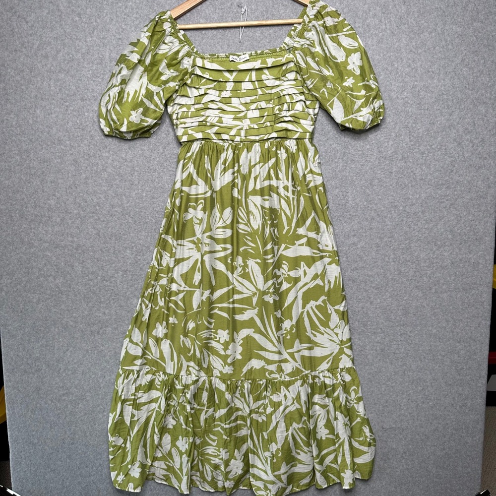 Anthropologie By the River Green White Floral Puff Sleeve Smocked Midaxi Dress S